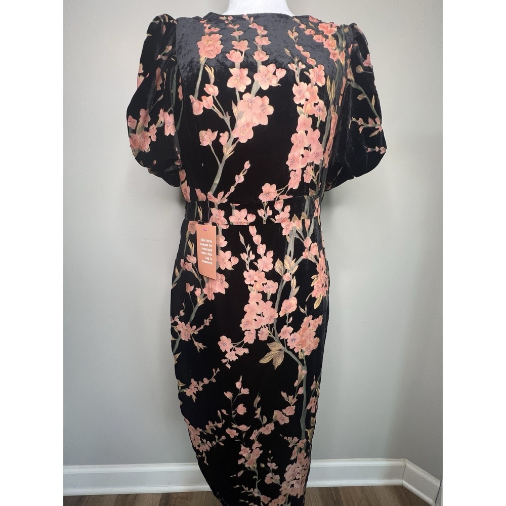 Ivy City Co Kaley Dress Black Pink Floral Velvet Burnout Puff Sleeve Midi M